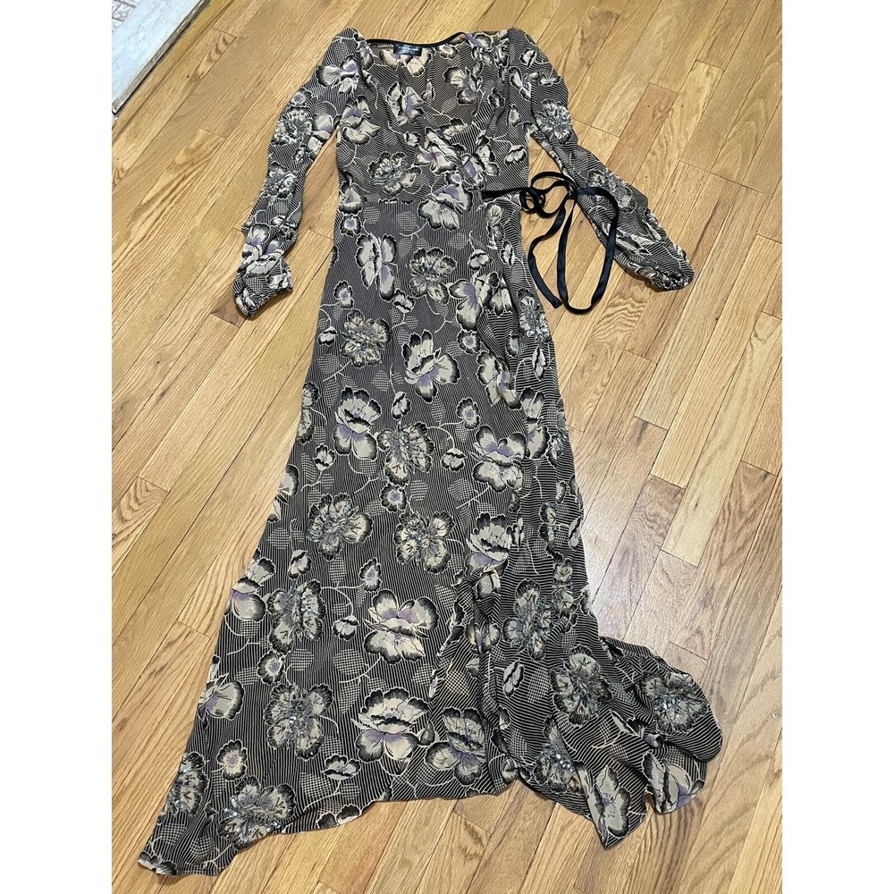 Zara Women's Small Floral Print Sheer Flowy Beaded Long Sleeve Maxi Wrap Dress - Picture 2 of 7
